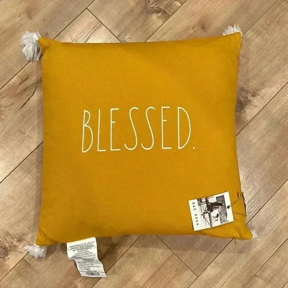 NWT Rae Dunn “Blessed” Yellow Decorative Pillow 20x20